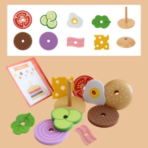 Wooden Montessori Toys for 1 2 3 4 5 Year Old, Stacking Rings Toy & Play Food Toy 2 in 1, Fine Motor Skills Learning Toys for Toddlers Kids - with Order Cards