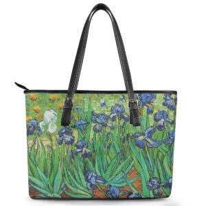 KIDVOVOU Vincent Van Gogh Tote Bag Zipper Top Handle Handbags PU Leather Adjustable Shoulder Bags,Van Gogh Irises