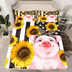 Cute Pig Kids Sheet Queen Size,American Flag Retro Bedding Set,Girls Boys Adults Bedroom Decor,Sunflowers Cartoon Animals Kawaii Rustic Farmhouse Bed Sheet Set 4pcs(Fitted + Flat + 2 Pillowcases)