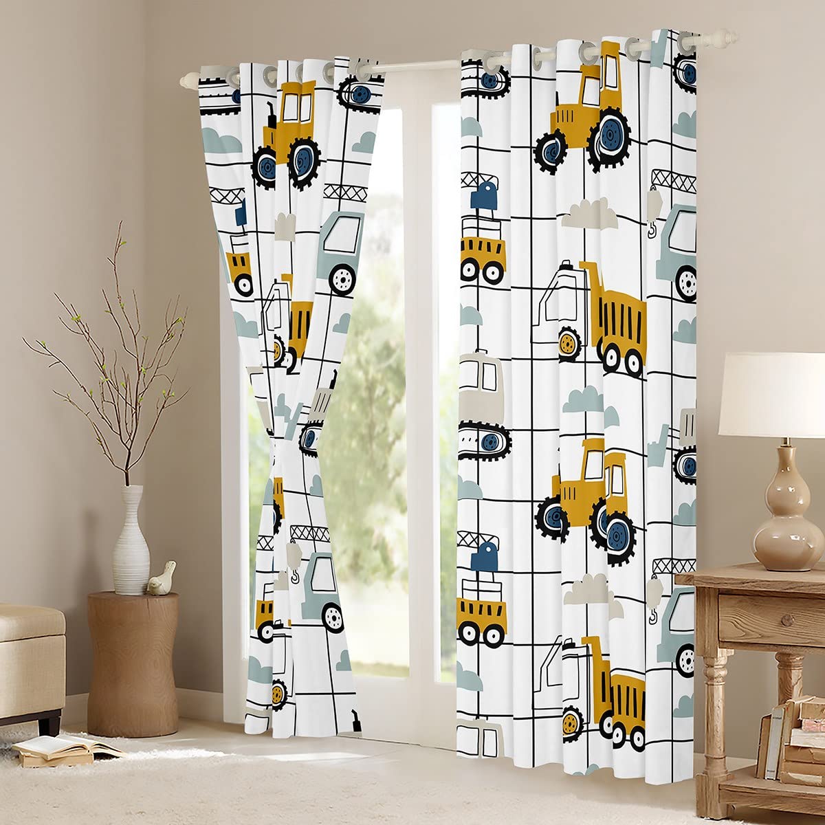 Cartoon Car Kids Window Curtains,Construction Equipment Trucks Window Drapes for Girls Boys Adults,Tractor Excavator Crane Grids White Yellow Window Treatments Grommet Top 2 Panel Set,52Wx84L inch