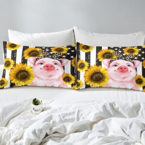 Cute Pig Kids Sheet Queen Size,American Flag Retro Bedding Set,Girls Boys Adults Bedroom Decor,Sunflowers Cartoon Animals Kawaii Rustic Farmhouse Bed Sheet Set 4pcs(Fitted + Flat + 2 Pillowcases)