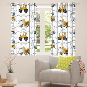 Cartoon Car Kids Window Curtains,Construction Equipment Trucks Window Drapes for Girls Boys Adults,Tractor Excavator Crane Grids White Yellow Window Treatments Grommet Top 2 Panel Set,52Wx84L inch