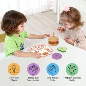 Wooden Montessori Toys for 1 2 3 4 5 Year Old, Stacking Rings Toy & Play Food Toy 2 in 1, Fine Motor Skills Learning Toys for Toddlers Kids - with Order Cards