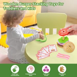 Wooden Montessori Toys for 1 2 3 4 5 Year Old, Stacking Rings Toy & Play Food Toy 2 in 1, Fine Motor Skills Learning Toys for Toddlers Kids - with Order Cards