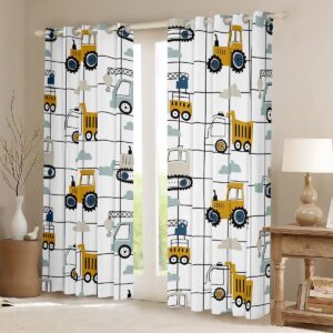 Cartoon Car Kids Window Curtains,Construction Equipment Trucks Window Drapes for Girls Boys Adults,Tractor Excavator Crane Grids White Yellow Window Treatments Grommet Top 2 Panel Set,52Wx84L inch