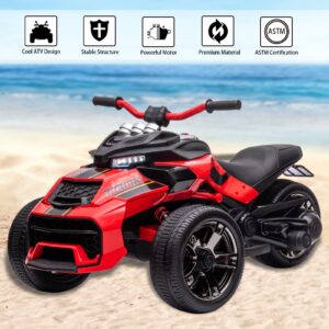 POSTACK Kids ATV, 24V Battery Powered Electric Car 3 Wheeler, Ride on Motorcycle for Kids with Rubber Plastic Polymerized EVA Tire, LED Lights, Music, Gift for Toddlers Boys Girls, Red