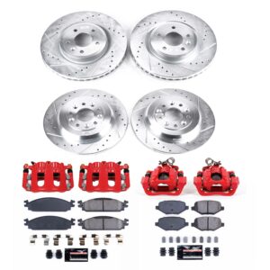 Power Stop Front and Rear KC8970 Z23 Daily Driver Brake Pad and Rotor Kit with Red Powder Coated Calipers For Lincoln MKT 2010 [Model Specific]