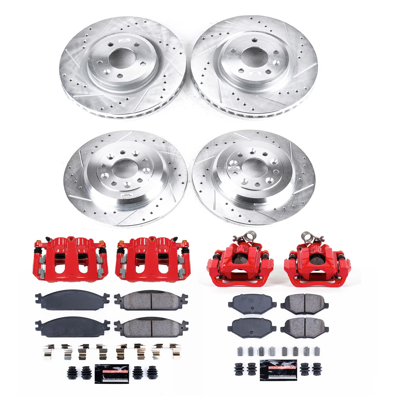 Power Stop Front and Rear KC8970 Z23 Daily Driver Brake Pad and Rotor Kit with Red Powder Coated Calipers For Lincoln MKT 2010 [Model Specific]