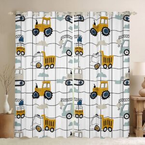 cartoon car kids window curtains,construction equipment trucks window drapes for girls boys adults,tractor excavator crane grids white yellow window treatments grommet top 2 panel set,52wx84l inch