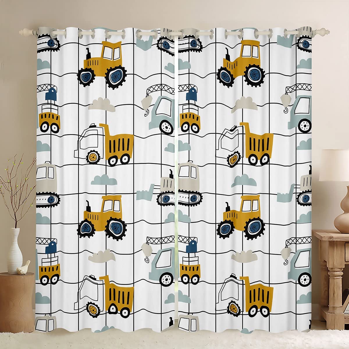 Cartoon Car Kids Window Curtains,Construction Equipment Trucks Window Drapes for Girls Boys Adults,Tractor Excavator Crane Grids White Yellow Window Treatments Grommet Top 2 Panel Set,52Wx84L inch