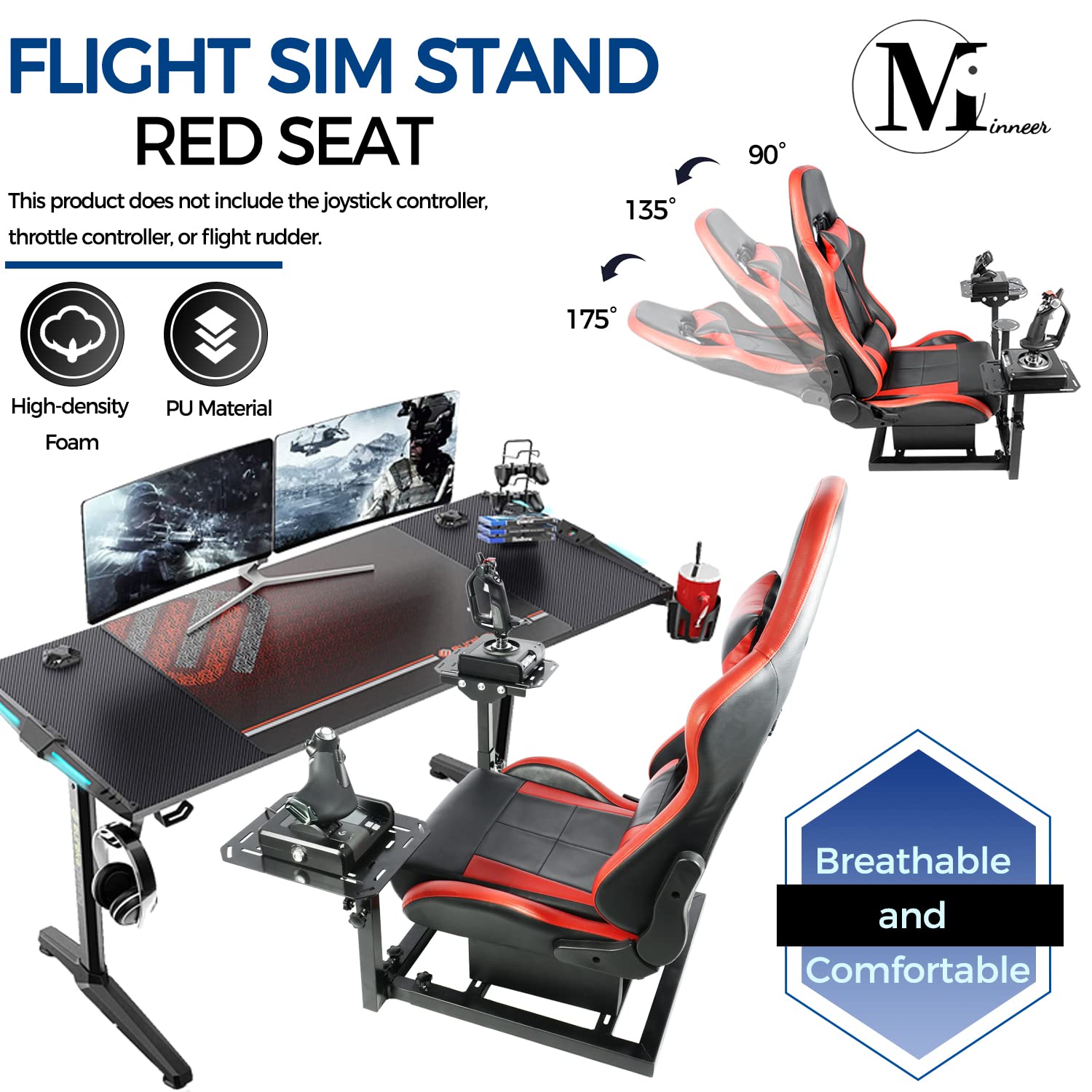 Minneer Racing Flight Simulator Cockpit with Red Seat Fit for Logitech/Thrustmaster/Fanatec X56 X52 G29 G920 T248,Support Hotas Warthog,Drive Gaming Joystick Mount. Joystick & Handbrake Not Included