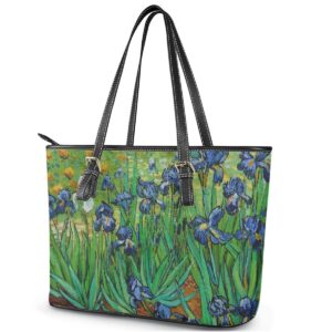 KIDVOVOU Vincent Van Gogh Tote Bag Zipper Top Handle Handbags PU Leather Adjustable Shoulder Bags,Van Gogh Irises