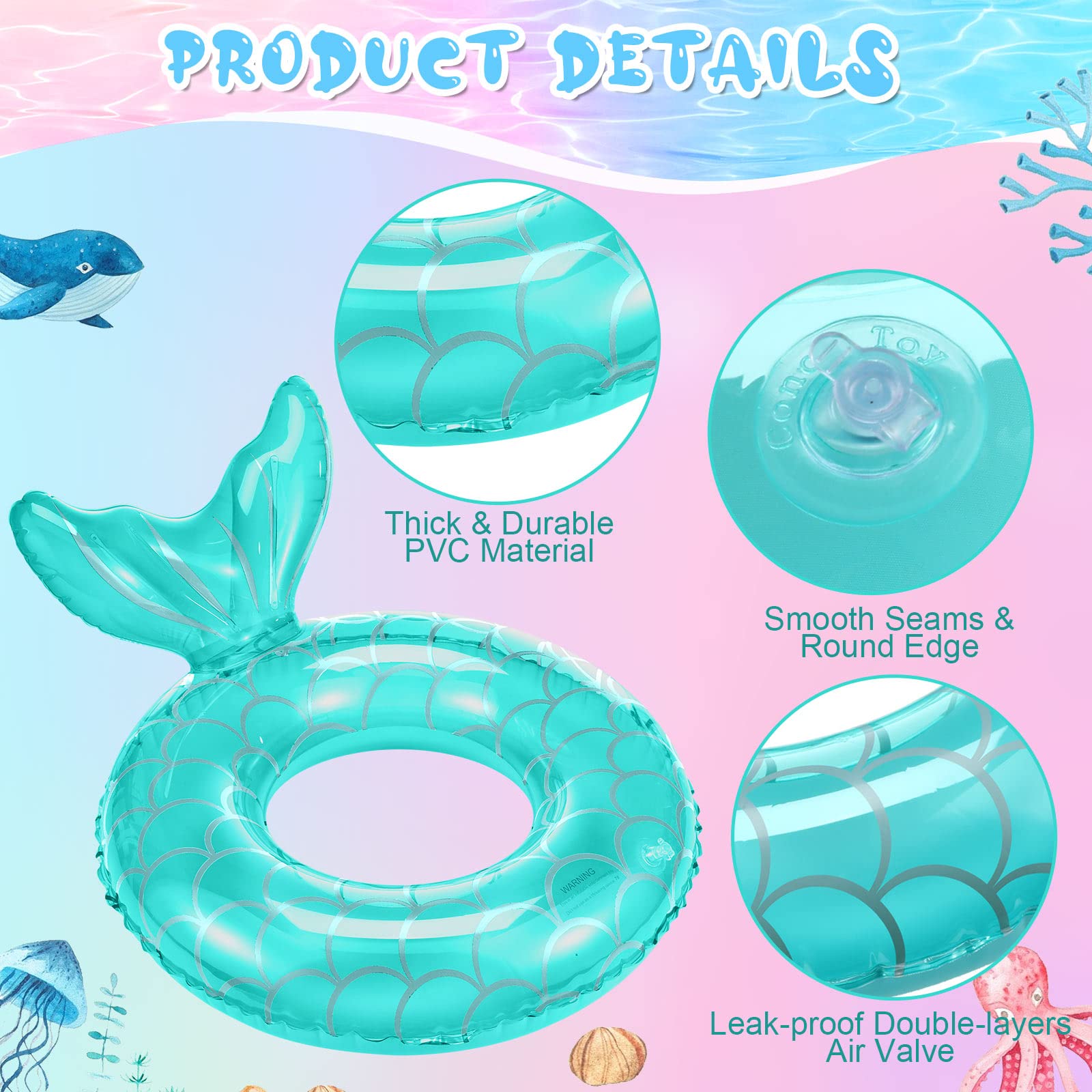 Neer 4 Pcs Mermaid Pool Float Inflatable Swimming Ring Mermaid Tail Shaped Pool Swimming Float Float Tube Ring Children Swim Rings for Kids Infants Beach Water Activities, Green, Pink