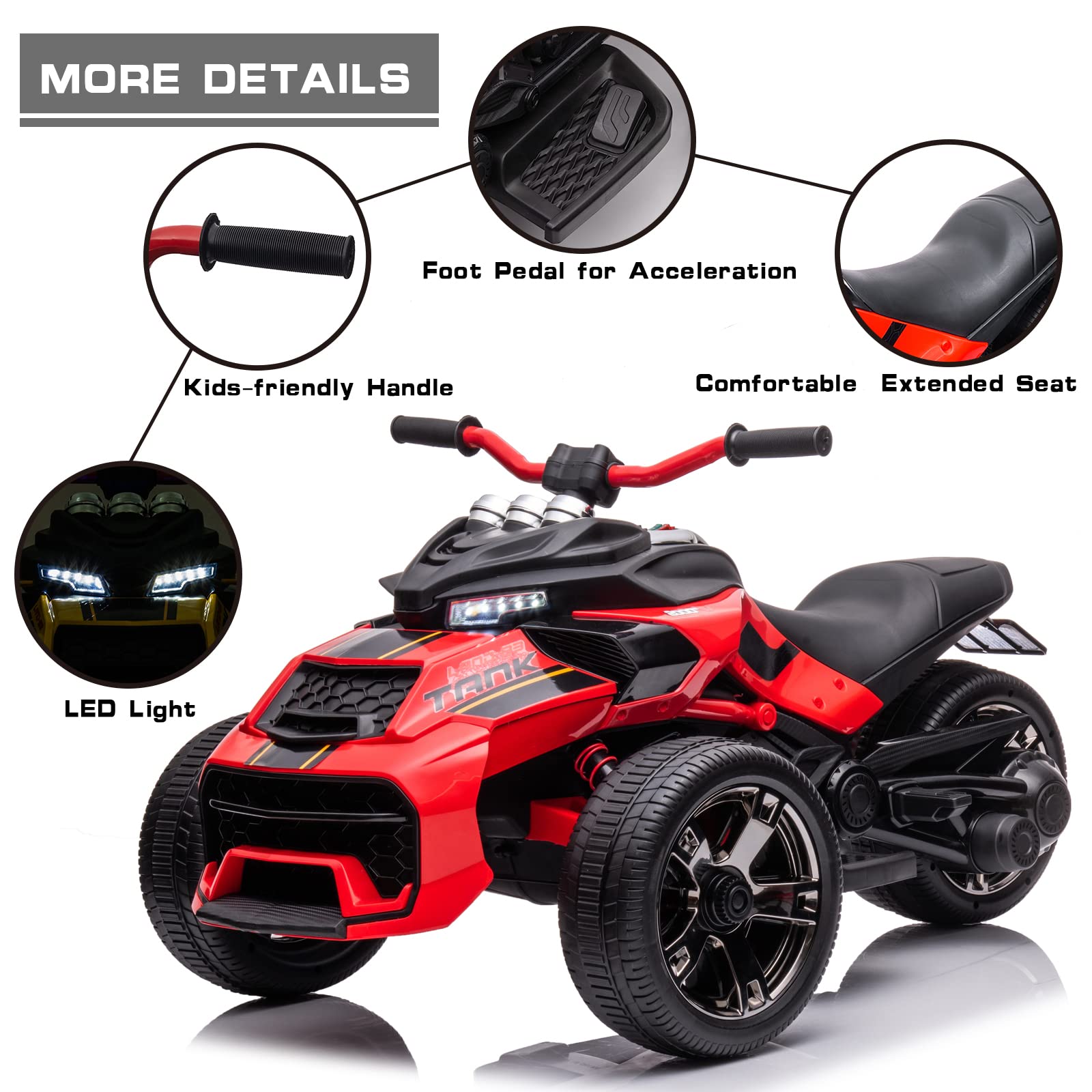 POSTACK Kids ATV, 24V Battery Powered Electric Car 3 Wheeler, Ride on Motorcycle for Kids with Rubber Plastic Polymerized EVA Tire, LED Lights, Music, Gift for Toddlers Boys Girls, Red