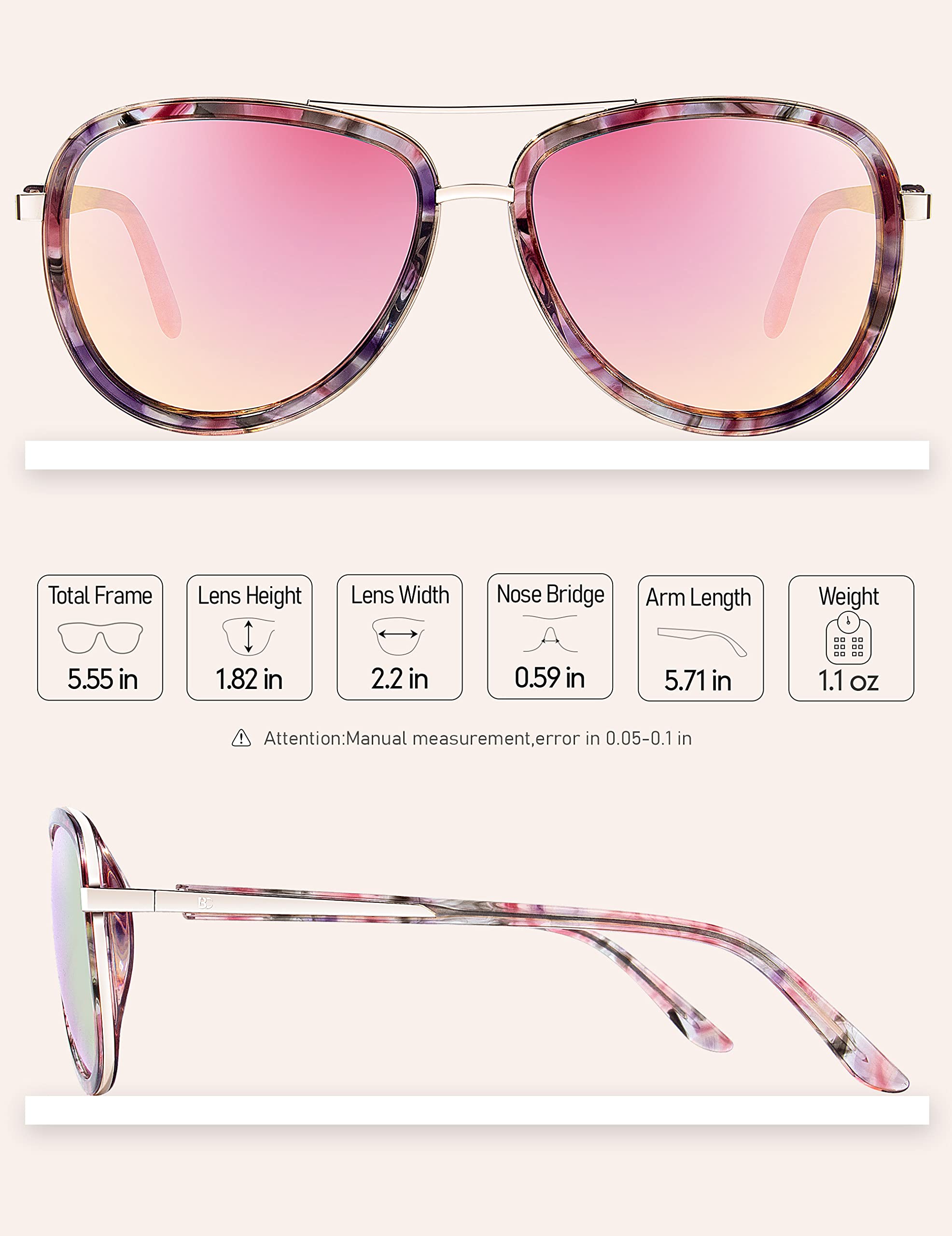 BIRCEN Polarized Sunglasses for Women UV - Protection Womens Retro Mirrored Pink Aviator Shades with Acetate Frame BC2001