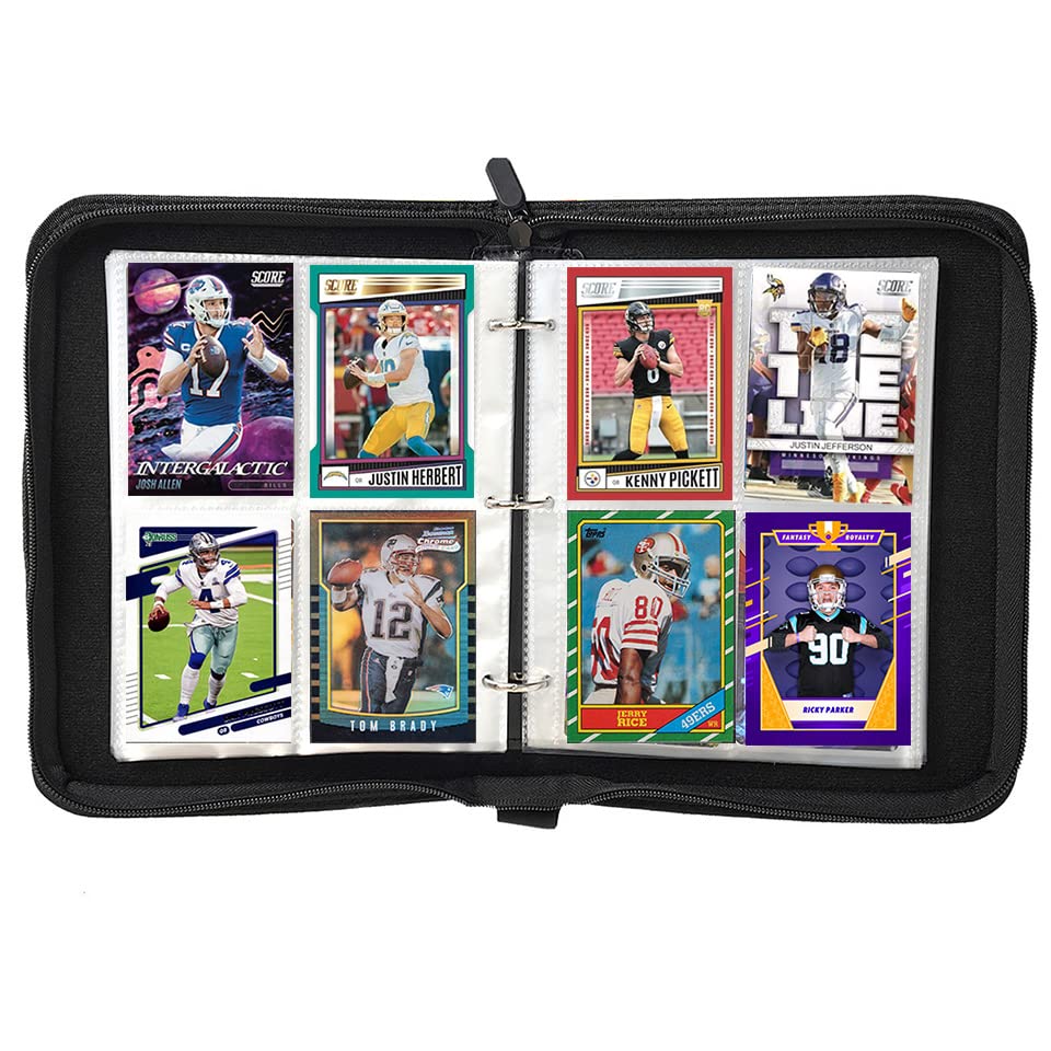 Leatherette 4 Pocket Trading Card Binder Album Holder Pages Folder Protector for America Football Trading Cards Sports TCG - Top loading 3 Ring Zip Card Binder Album Football Cards