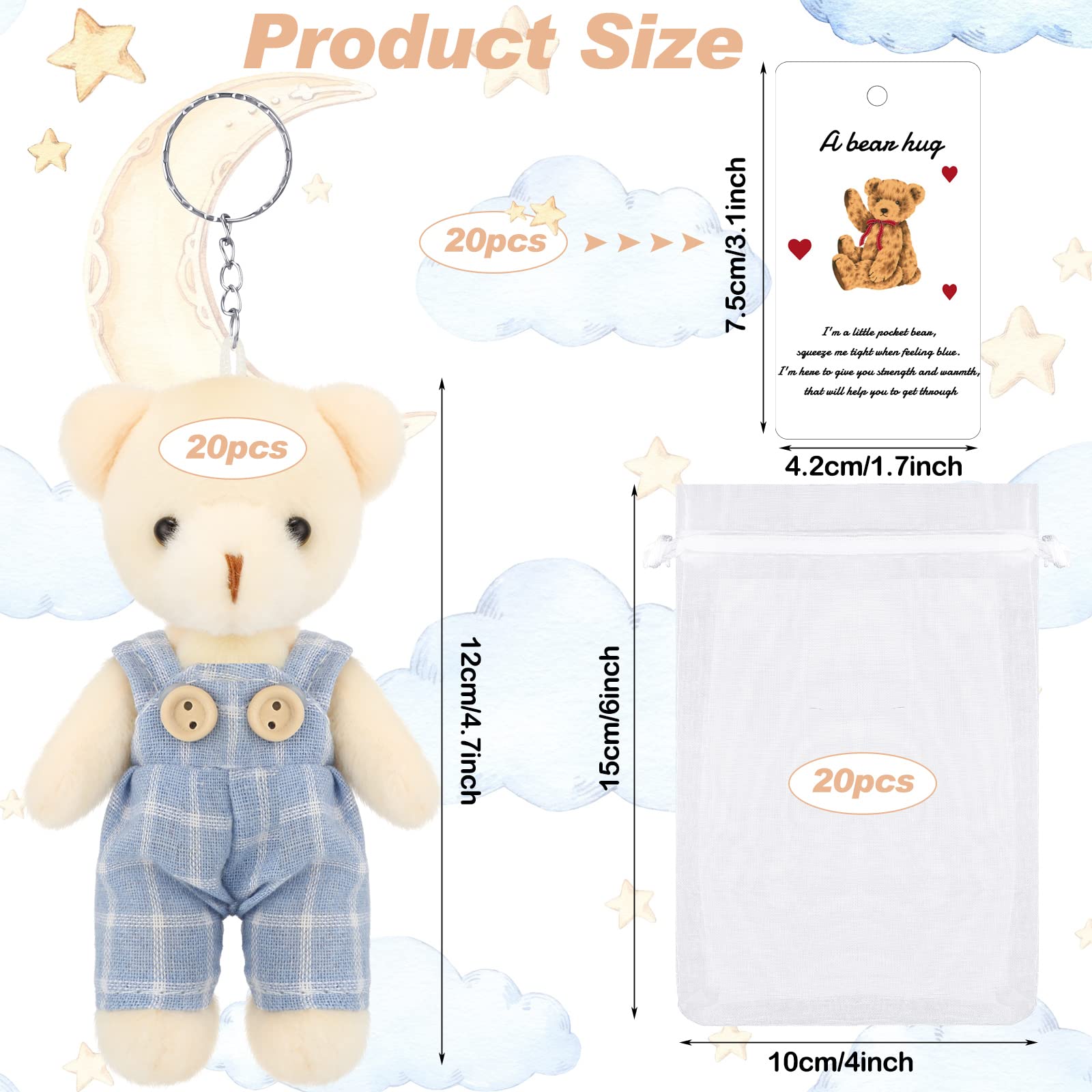 20 Sets Miniature Bear with Clothes Stuffed Plush Bear Decorations, 4.7 Inch Bears Baby Shower Doll Favors Bear Hug Gift Card White Organza Bags for Guest Baby Shower Souvenirs Birthday Party (Blue)