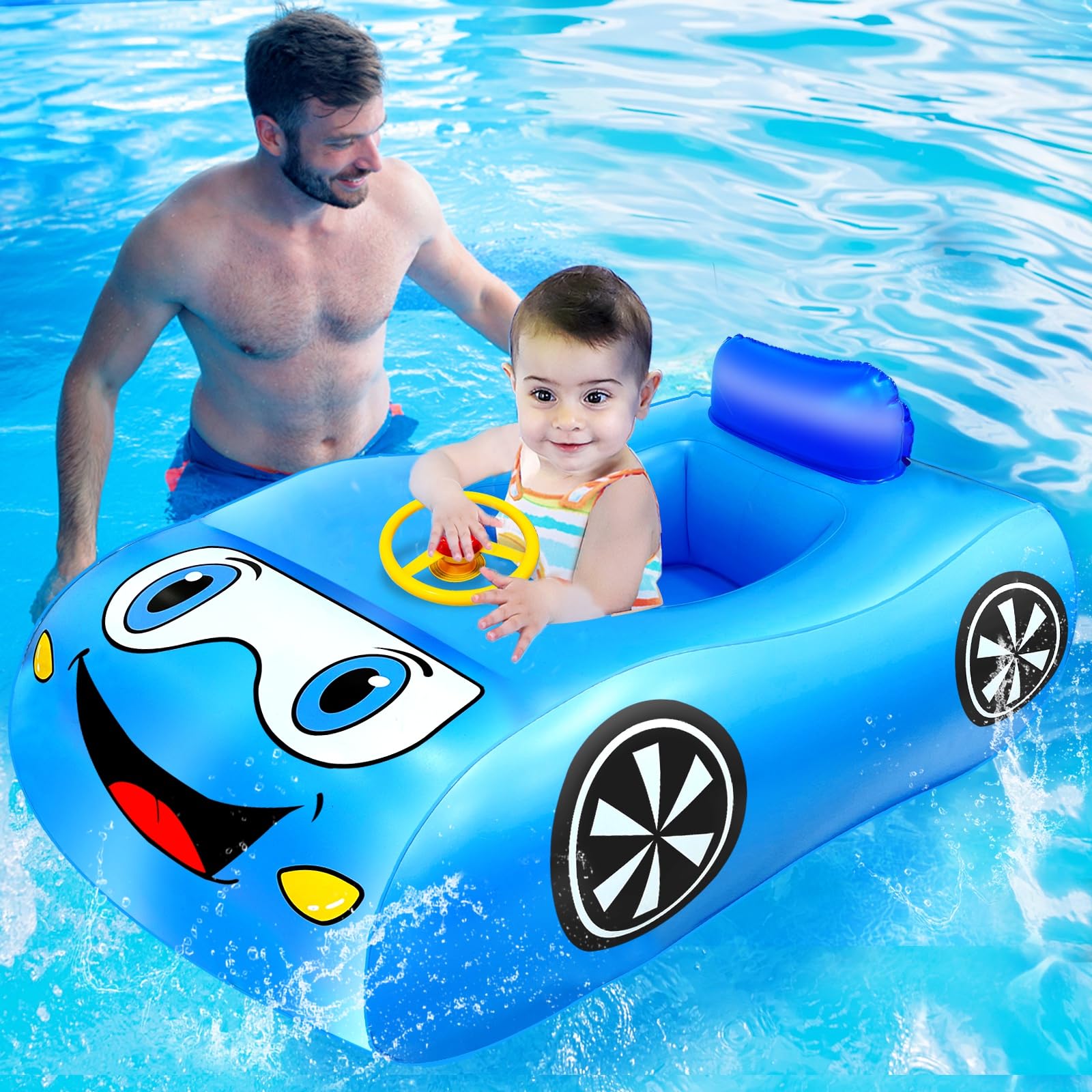 Toddler Pool Float with Safety Seat & Backrest, 41" Large Car Shape Baby Swim Pool Floaties Toddler Floats Summer Beach Baby Pool Toys for Toddlers Infant 6-36 Months