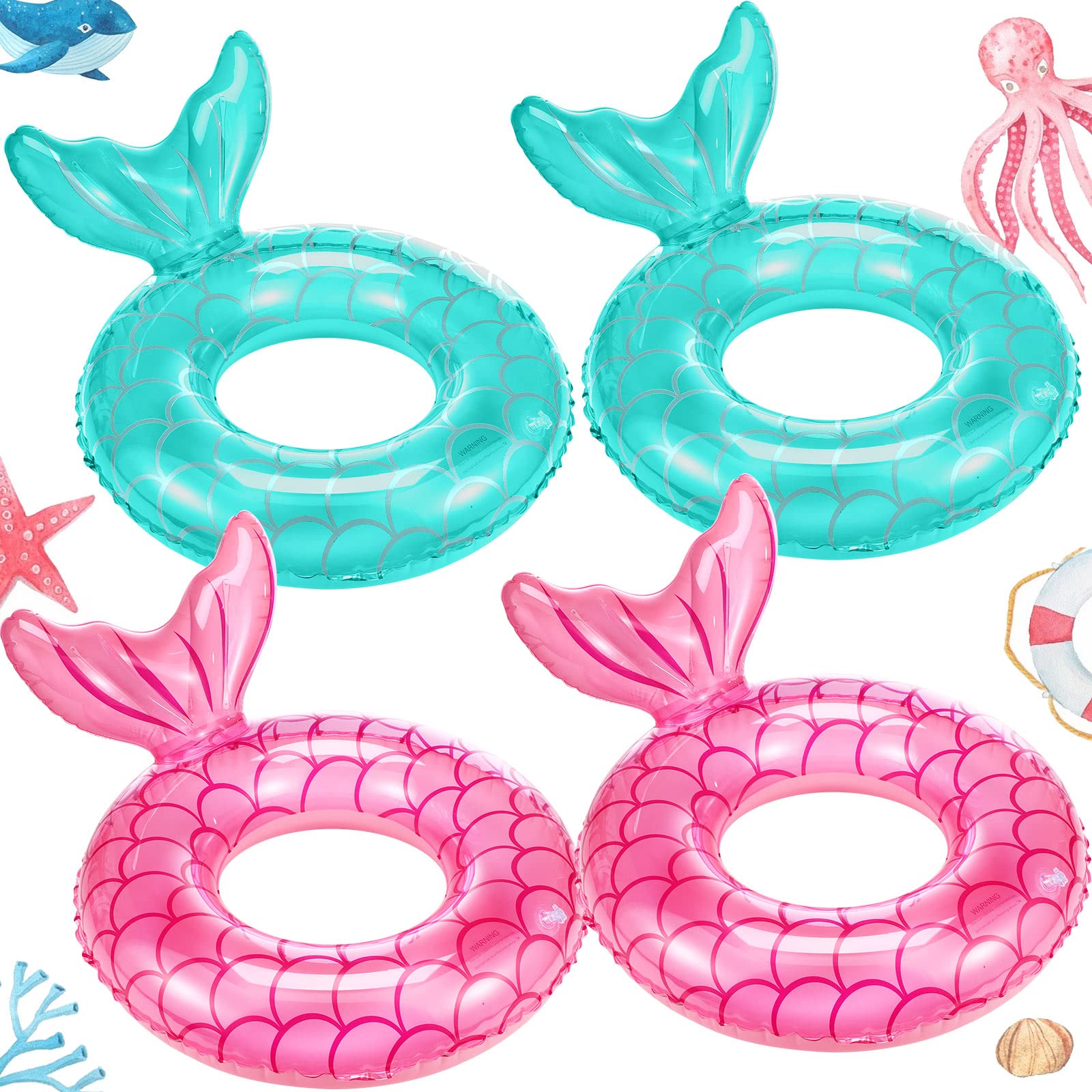 Neer 4 Pcs Mermaid Pool Float Inflatable Swimming Ring Mermaid Tail Shaped Pool Swimming Float Float Tube Ring Children Swim Rings for Kids Infants Beach Water Activities, Green, Pink