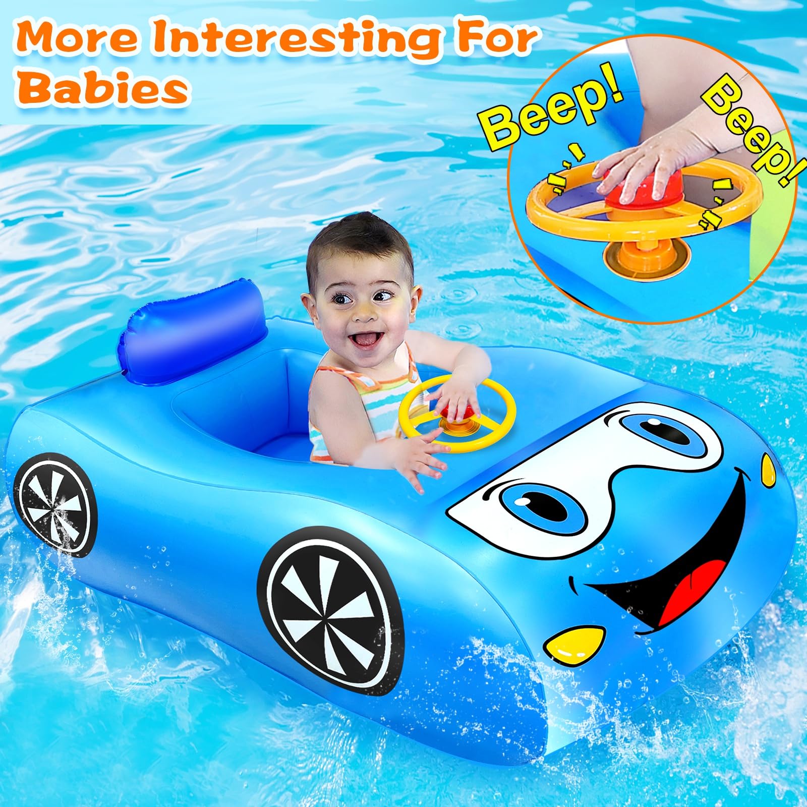 Toddler Pool Float with Safety Seat & Backrest, 41" Large Car Shape Baby Swim Pool Floaties Toddler Floats Summer Beach Baby Pool Toys for Toddlers Infant 6-36 Months