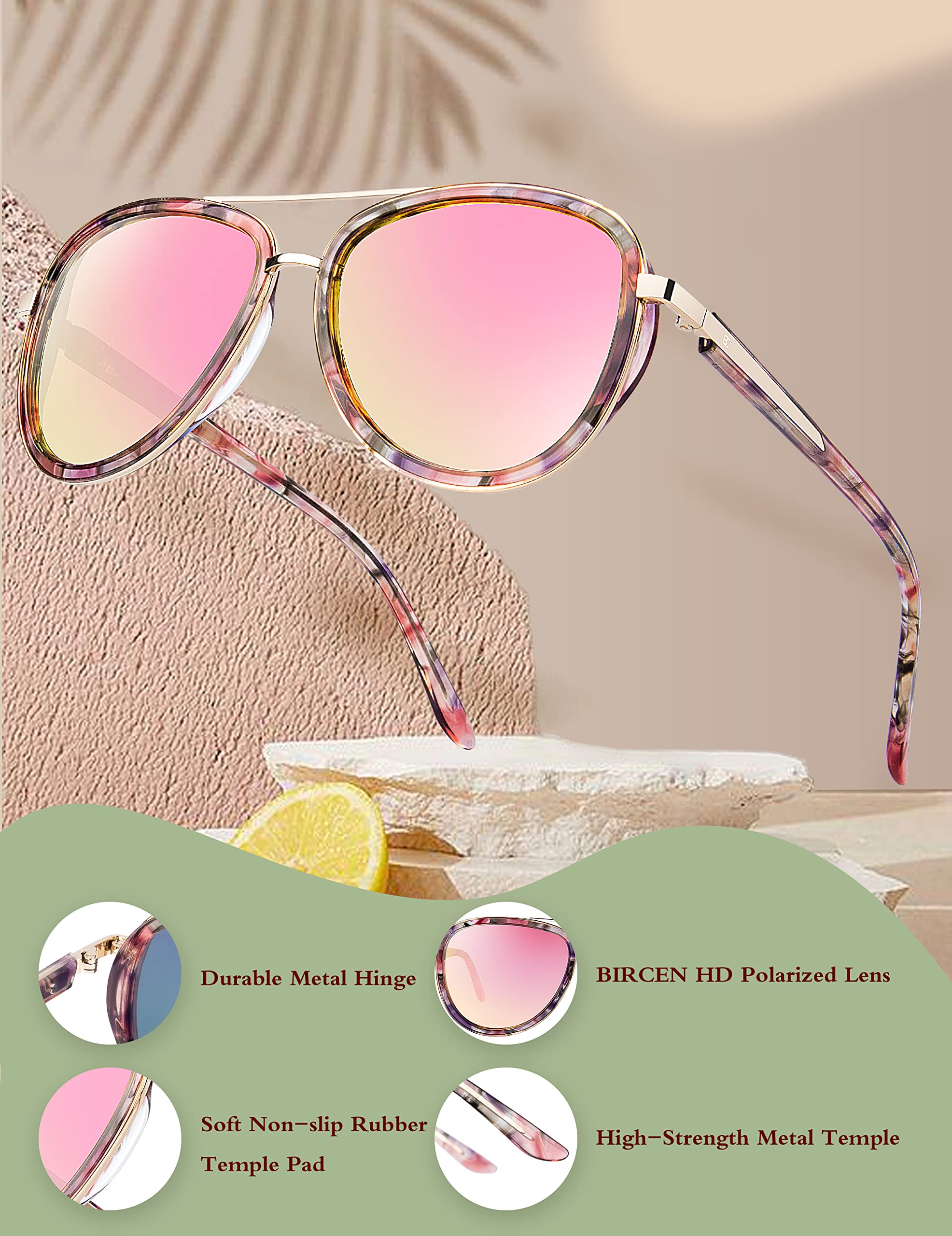 BIRCEN Polarized Sunglasses for Women UV - Protection Womens Retro Mirrored Pink Aviator Shades with Acetate Frame BC2001