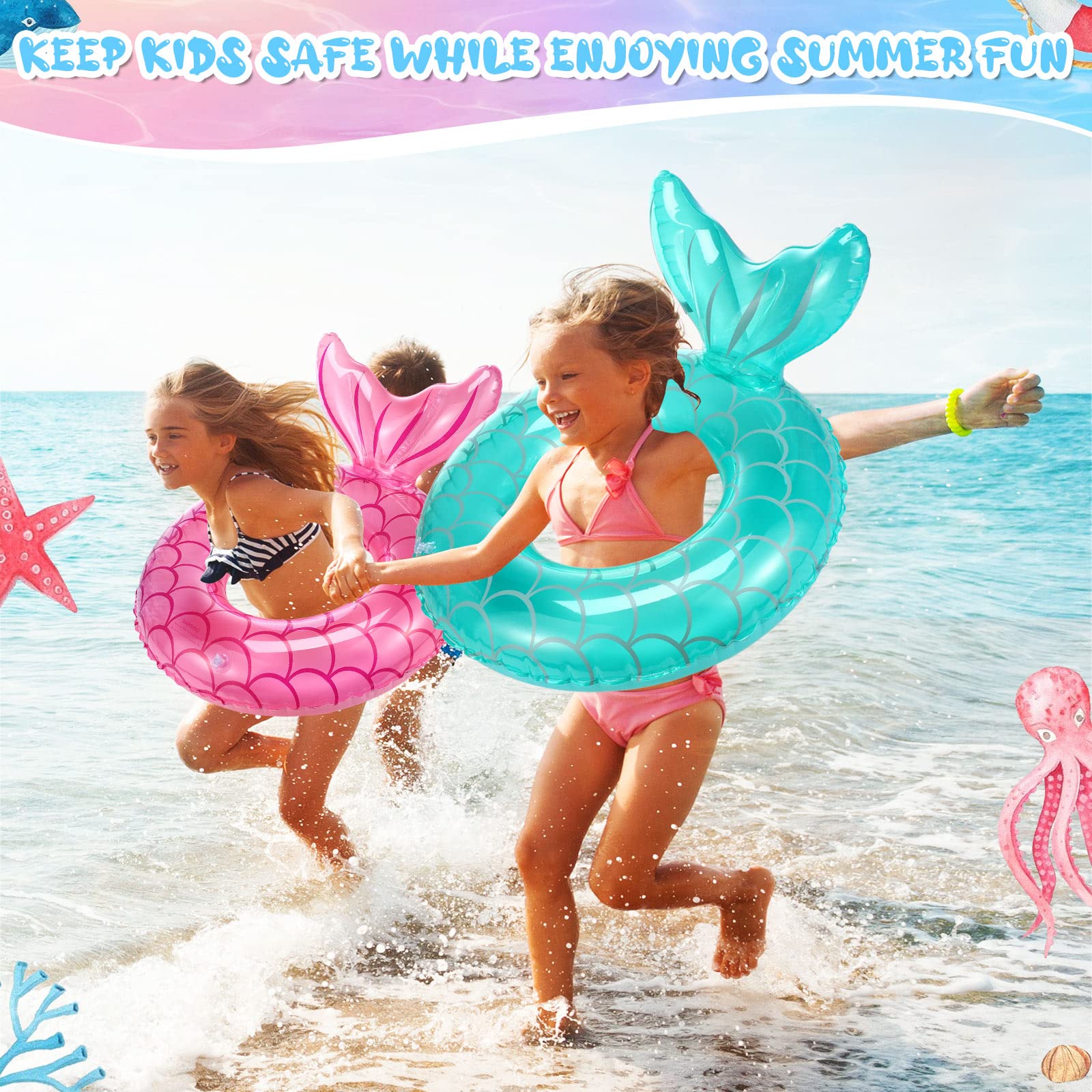 Neer 4 Pcs Mermaid Pool Float Inflatable Swimming Ring Mermaid Tail Shaped Pool Swimming Float Float Tube Ring Children Swim Rings for Kids Infants Beach Water Activities, Green, Pink