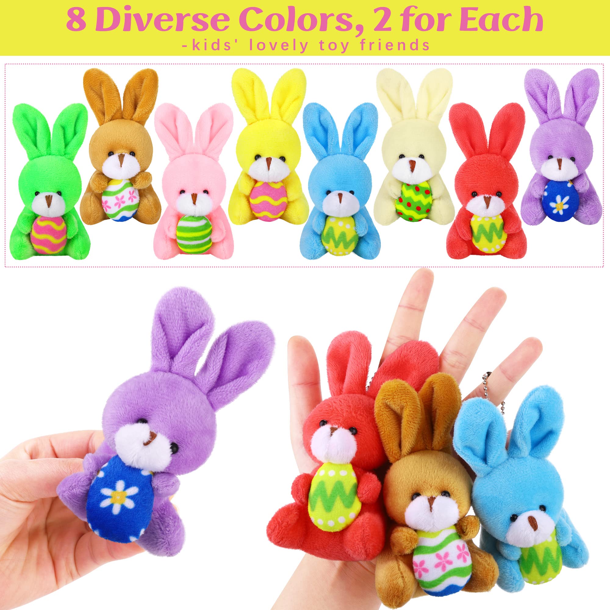 Fovths 16 Pack 4.7 Inch Easter Bunnies Plush Toys Set Easter Stuffed Rabbit Keychain Toys with Easter Egg Easter Party Favors