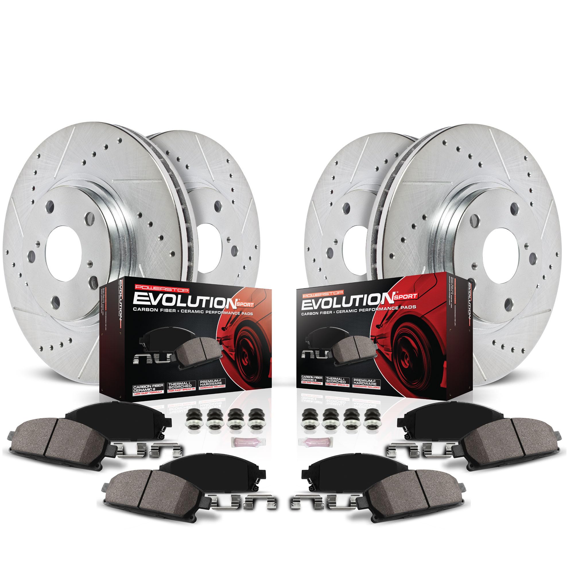 Power Stop Front and Rear K8644 Carbon-Fiber Ceramic Brake Pad with Drilled and Slotted Rotor Kit Z23 Daily Driver For Ford Bronco Sport, Ford Escape, Lincoln Corsair [Model Specific]