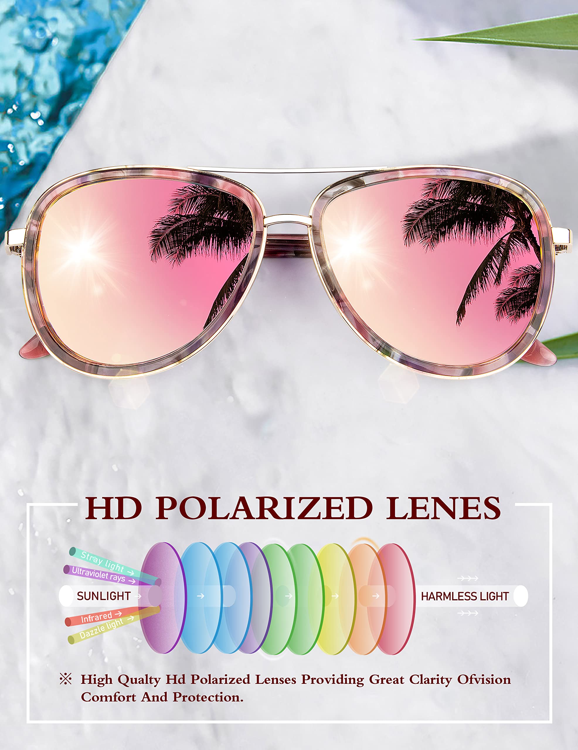 BIRCEN Polarized Sunglasses for Women UV - Protection Womens Retro Mirrored Pink Aviator Shades with Acetate Frame BC2001