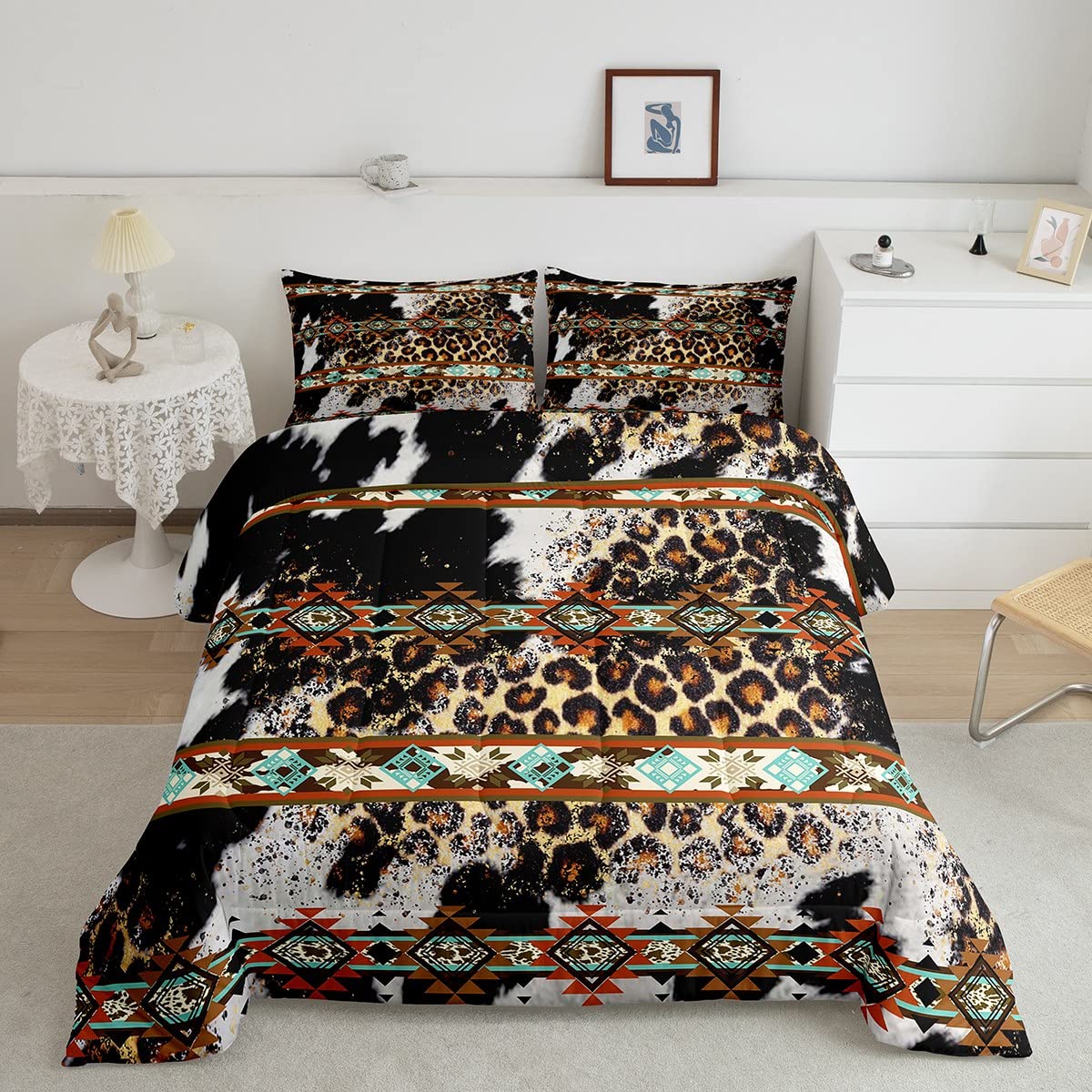 Erosebridal Cheetah Print Comforter Set Western Bedding Sets Full,Exotic Aztec Quilt Black and White Cowhide Cow Print Duvet Insert,Farm Animals Bull Skin Room Decor Cowboys Gifts for Women