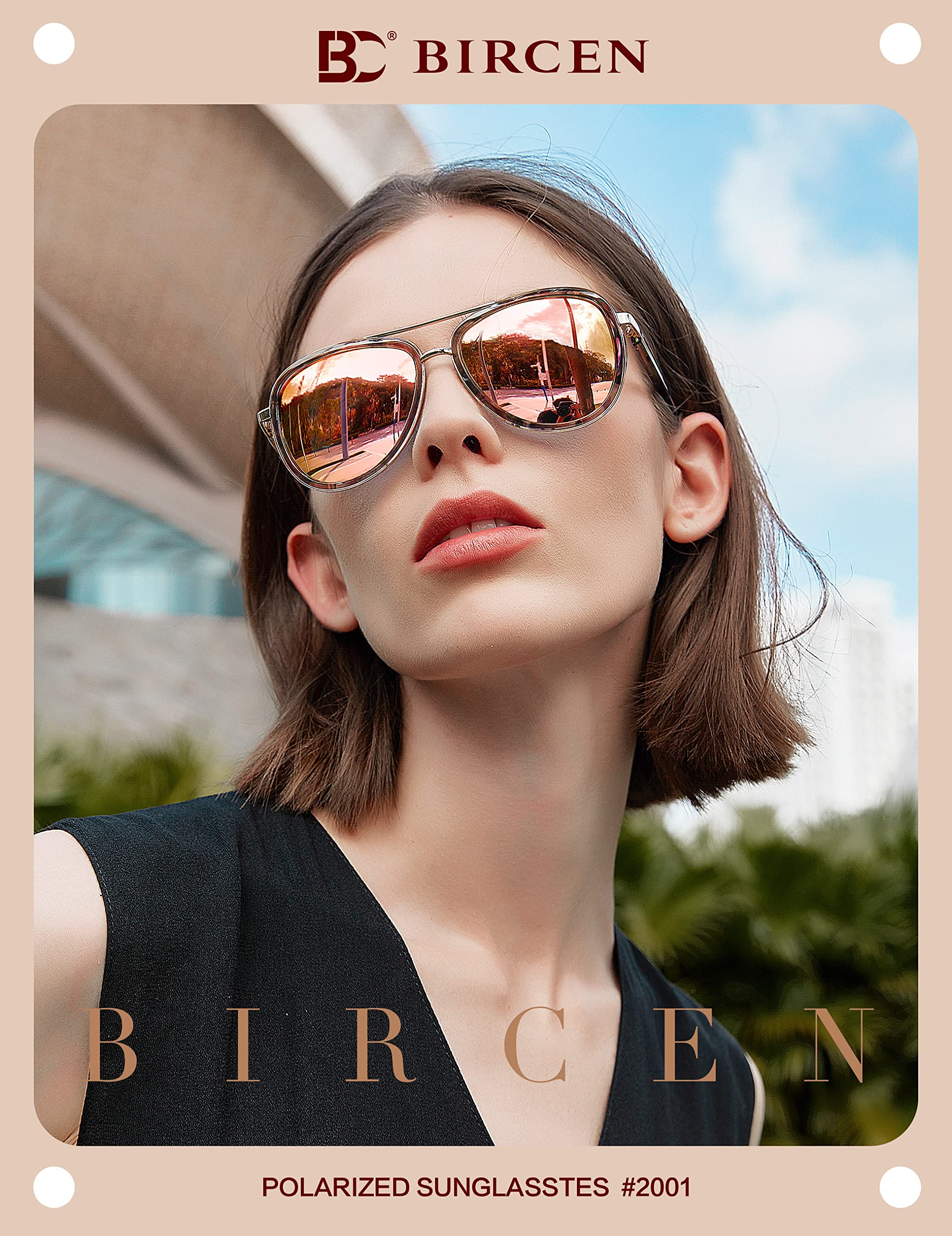 BIRCEN Polarized Sunglasses for Women UV - Protection Womens Retro Mirrored Pink Aviator Shades with Acetate Frame BC2001