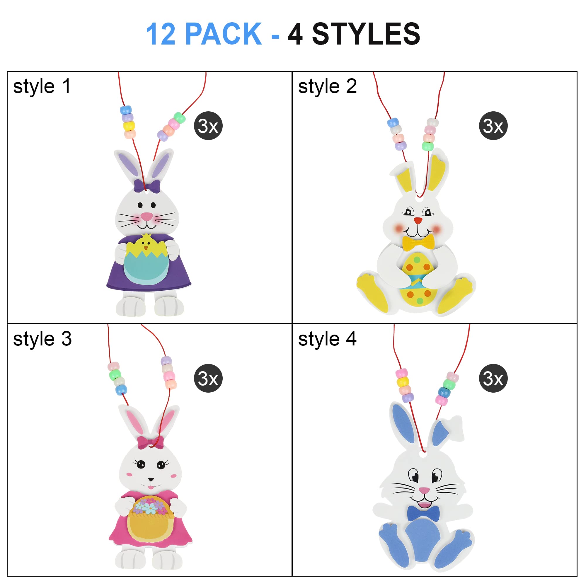 Easter Crafts for Kids 12 Pack Easter Eggs Bunny Necklaces Easter Gifts for Kids Ages 4-8 8-12, DIY Easter Rabbits Foam Hanging Ornaments Necklaces Easter Party Favors Classroom School Activity