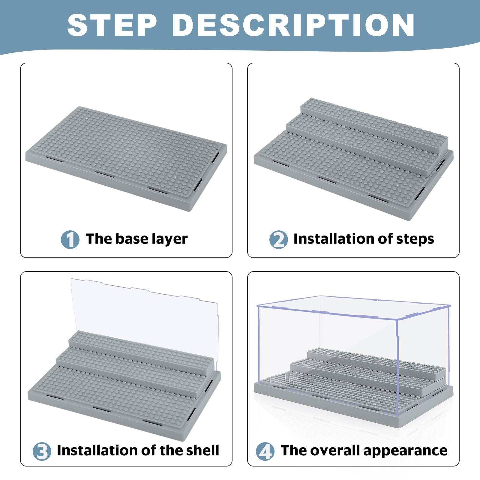 2 Pack Display Case for Minifigure Action Figures Blocks, Acrylic Minifigure Display Case Box Storage with 3 Movable Steps Gift for Kids Adults (Grey)