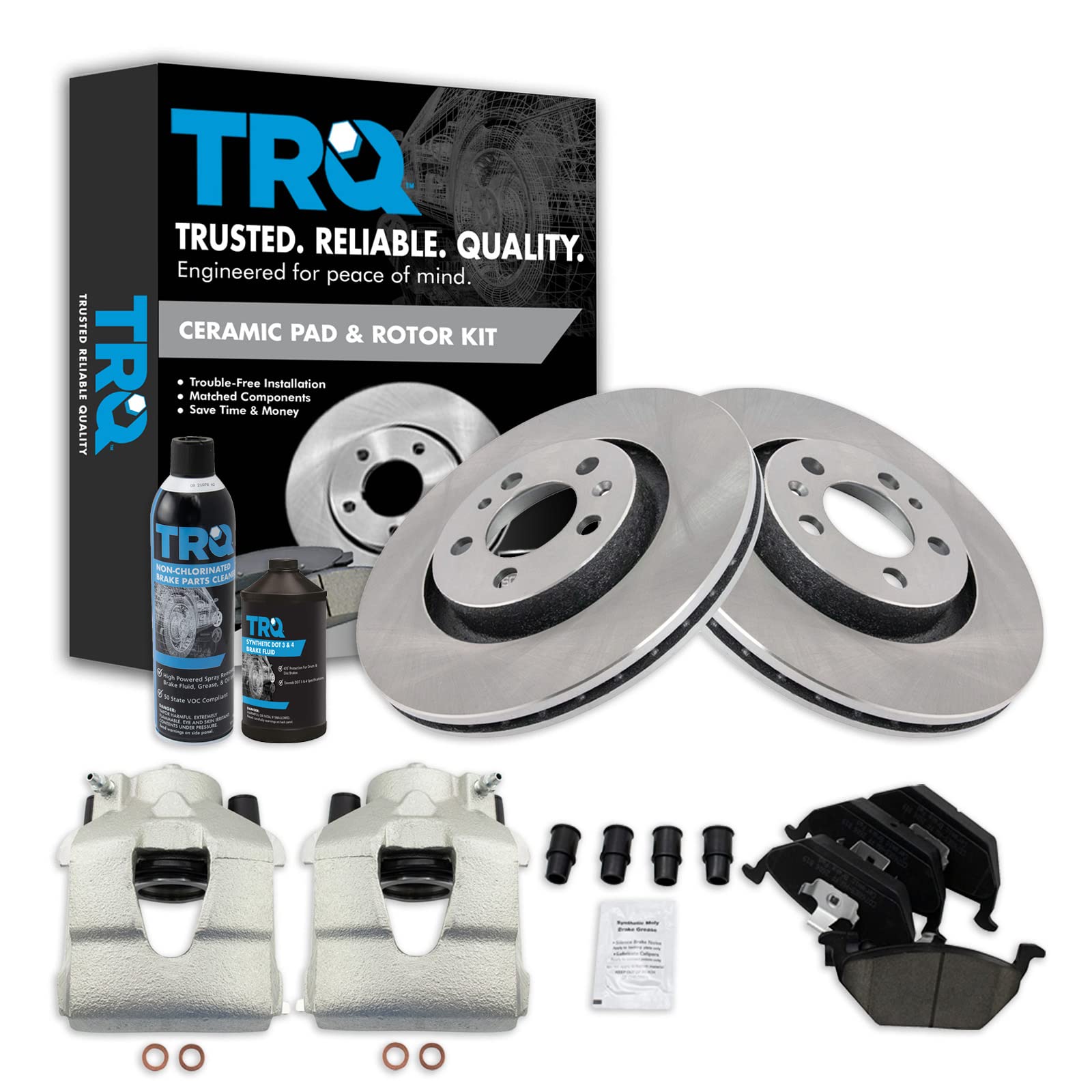 TRQ Brake Pad & Rotor Kit Brake Caliper Brake Chemical Kit Brake Pads Brake Rotor Ceramic Compatible with 1998-2010 Volkswagen Beetle 2000-2006 Golf 1999-2005 Jetta