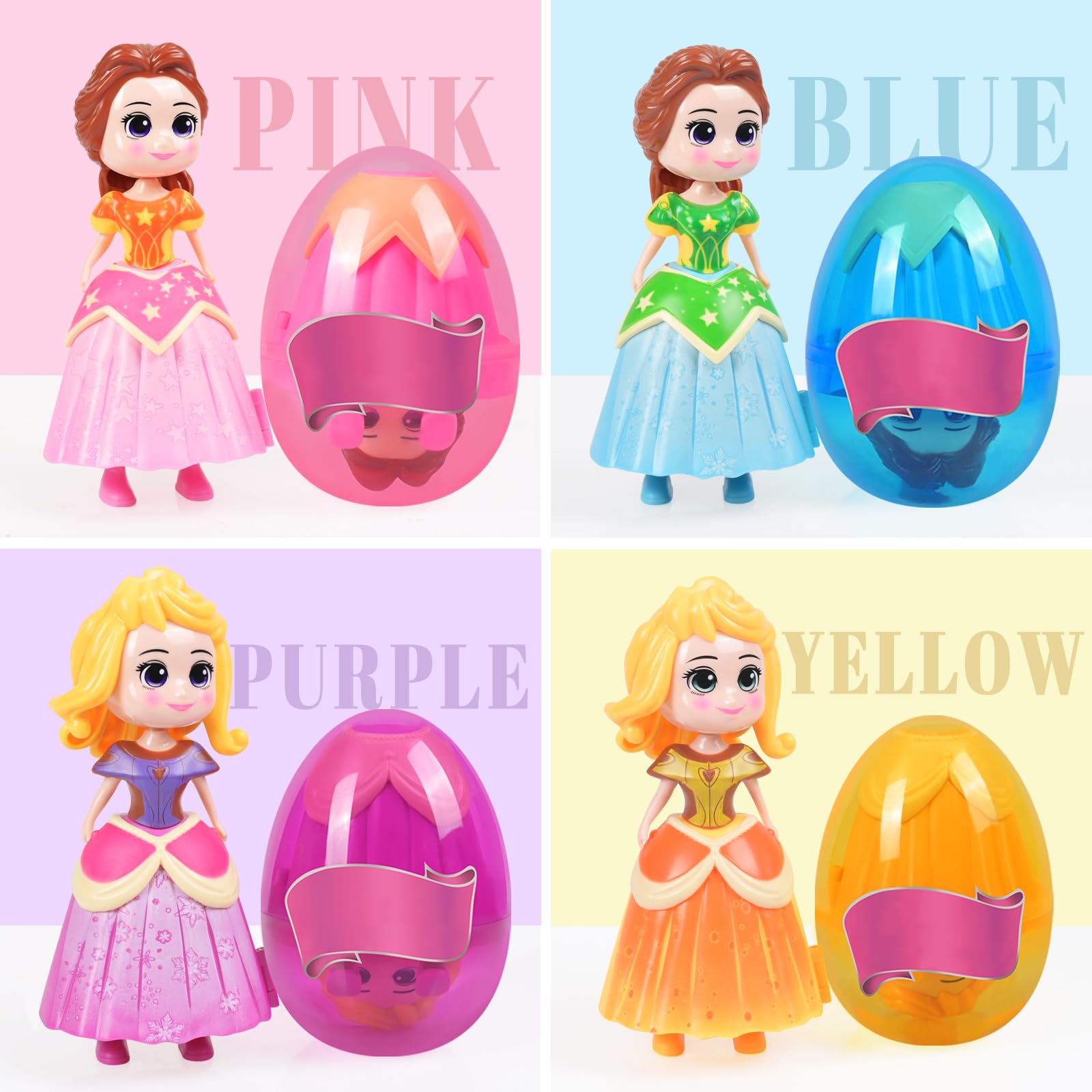 Touber 4 Pack Princess Deformation Prefilled Eggs for Toddler Boys Girls Kids Basket Stuffers Gifts - Easter Basket Filler Toys