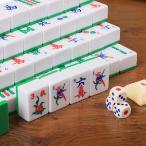 Chinese Mahjong Game Set, with Large (1.5") 144 Numbered Melamine Green Tiles, 2 spare tiles, 3 Dice and a Wind Indicator, 4 All-in-One Tile Rack&Pusher, Carrying Travel Case with English Instruction