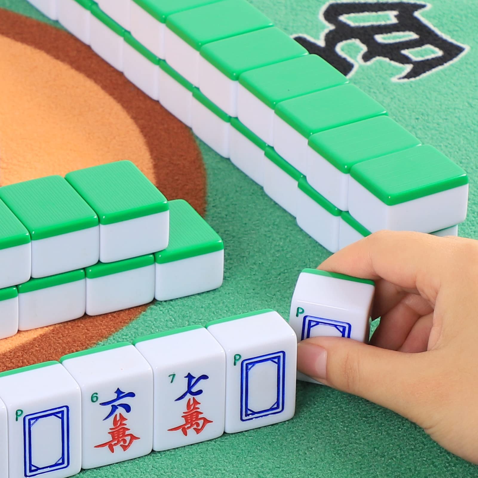 Chinese Mahjong Game Set, with Large (1.5") 144 Numbered Melamine Green Tiles, 2 spare tiles, 3 Dice and a Wind Indicator, 4 All-in-One Tile Rack&Pusher, Carrying Travel Case with English Instruction