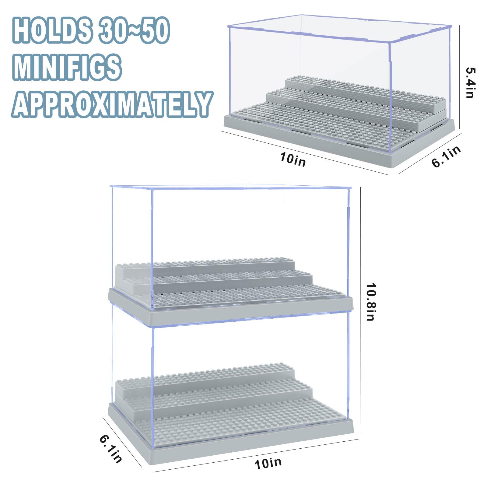 2 Pack Display Case for Minifigure Action Figures Blocks, Acrylic Minifigure Display Case Box Storage with 3 Movable Steps Gift for Kids Adults (Grey)