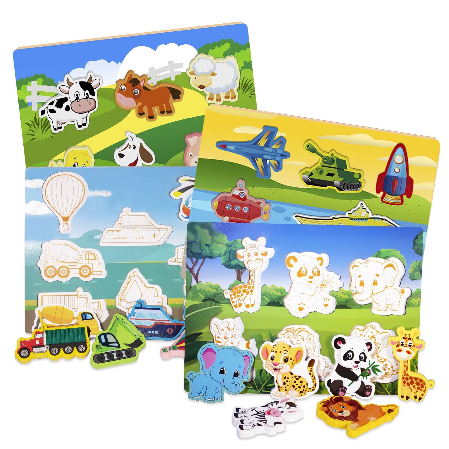 Wtaleop Wooden Peg Puzzle for Toddlers 1-3 Year Old,Funsland Puzzles Gifts Colorful Toys Cartoon Gifts,Farm Zoo Animals Vehicle Arsenal Puzzles (Pack of 4)