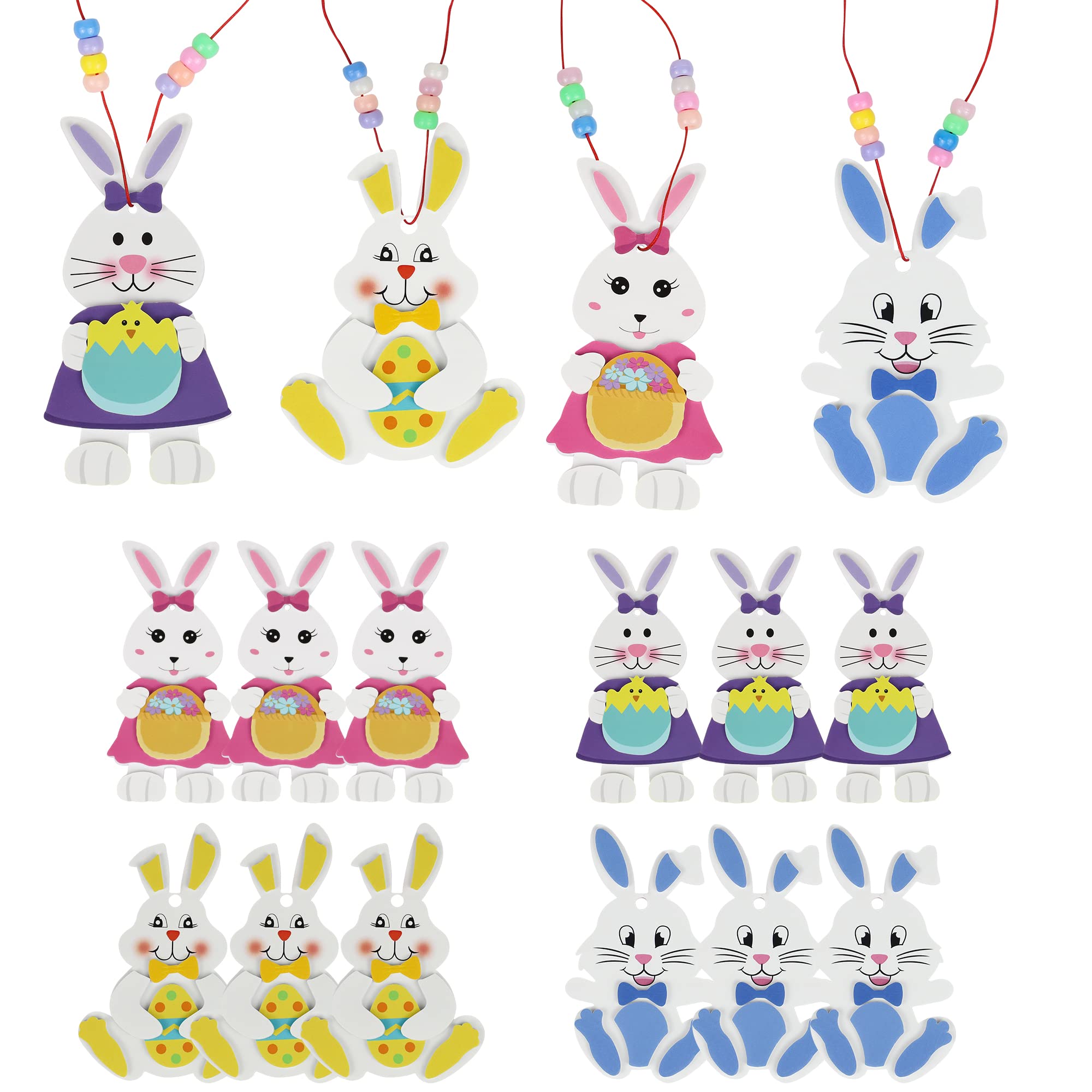 Easter Crafts for Kids 12 Pack Easter Eggs Bunny Necklaces Easter Gifts for Kids Ages 4-8 8-12, DIY Easter Rabbits Foam Hanging Ornaments Necklaces Easter Party Favors Classroom School Activity