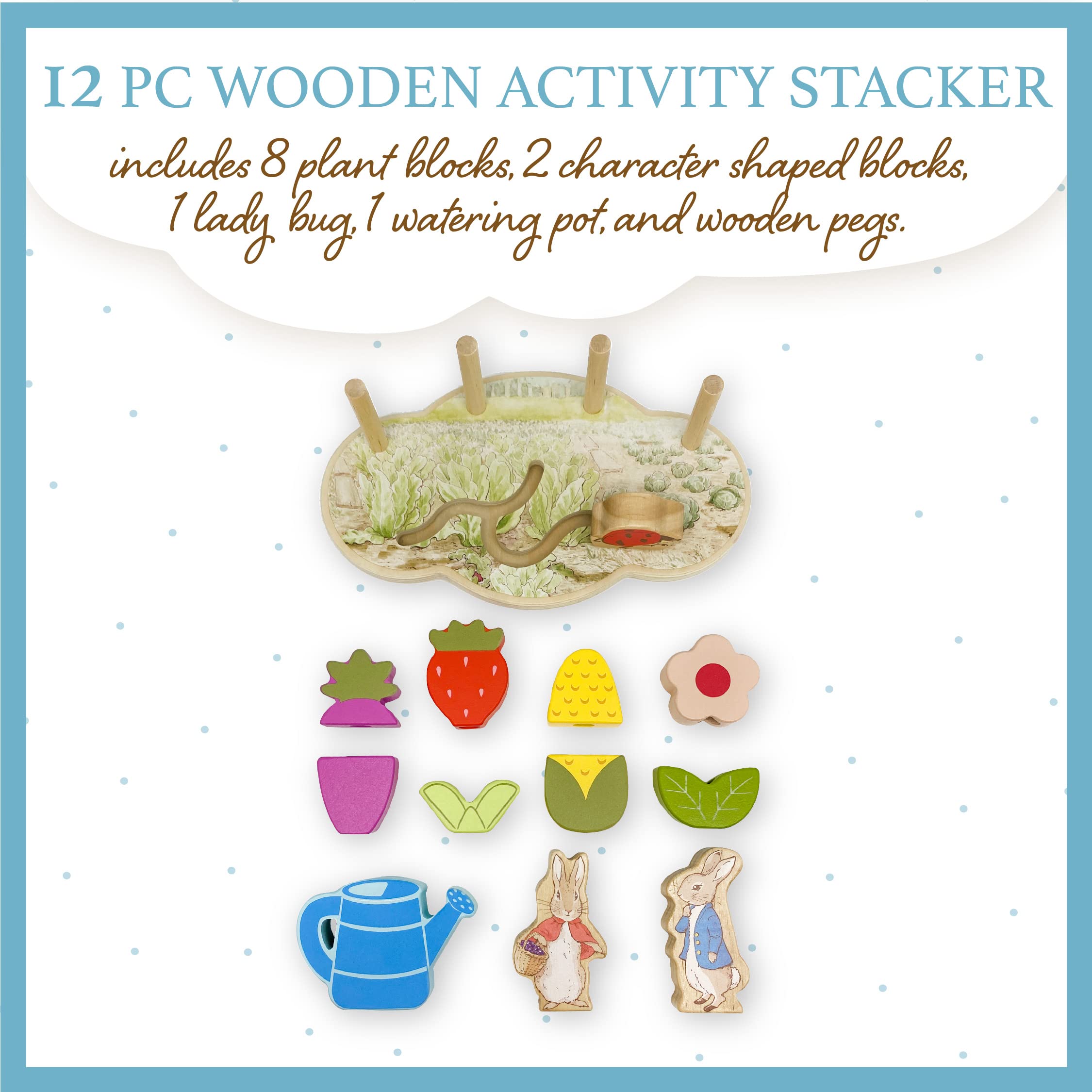 KIDS PREFERRED Peter Rabbit Garden Wooden Montessori Activity Stacker with 12 Wooden Interactive Pieces for Babies, Toddlers and Kids Based on The Beatrix Potter Books