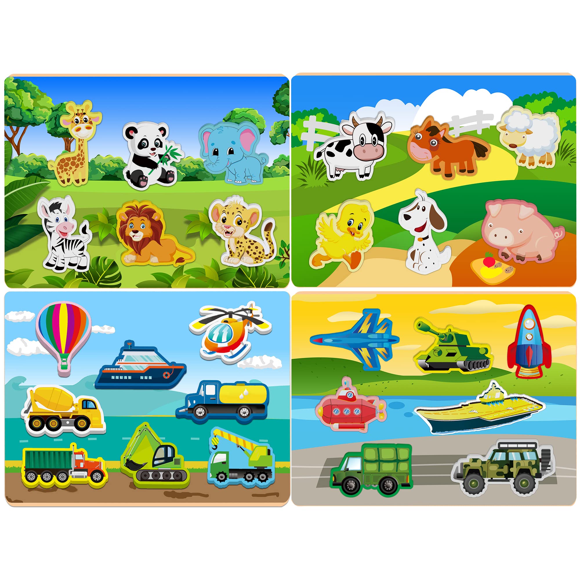 Wtaleop Wooden Peg Puzzle for Toddlers 1-3 Year Old,Funsland Puzzles Gifts Colorful Toys Cartoon Gifts,Farm Zoo Animals Vehicle Arsenal Puzzles (Pack of 4)