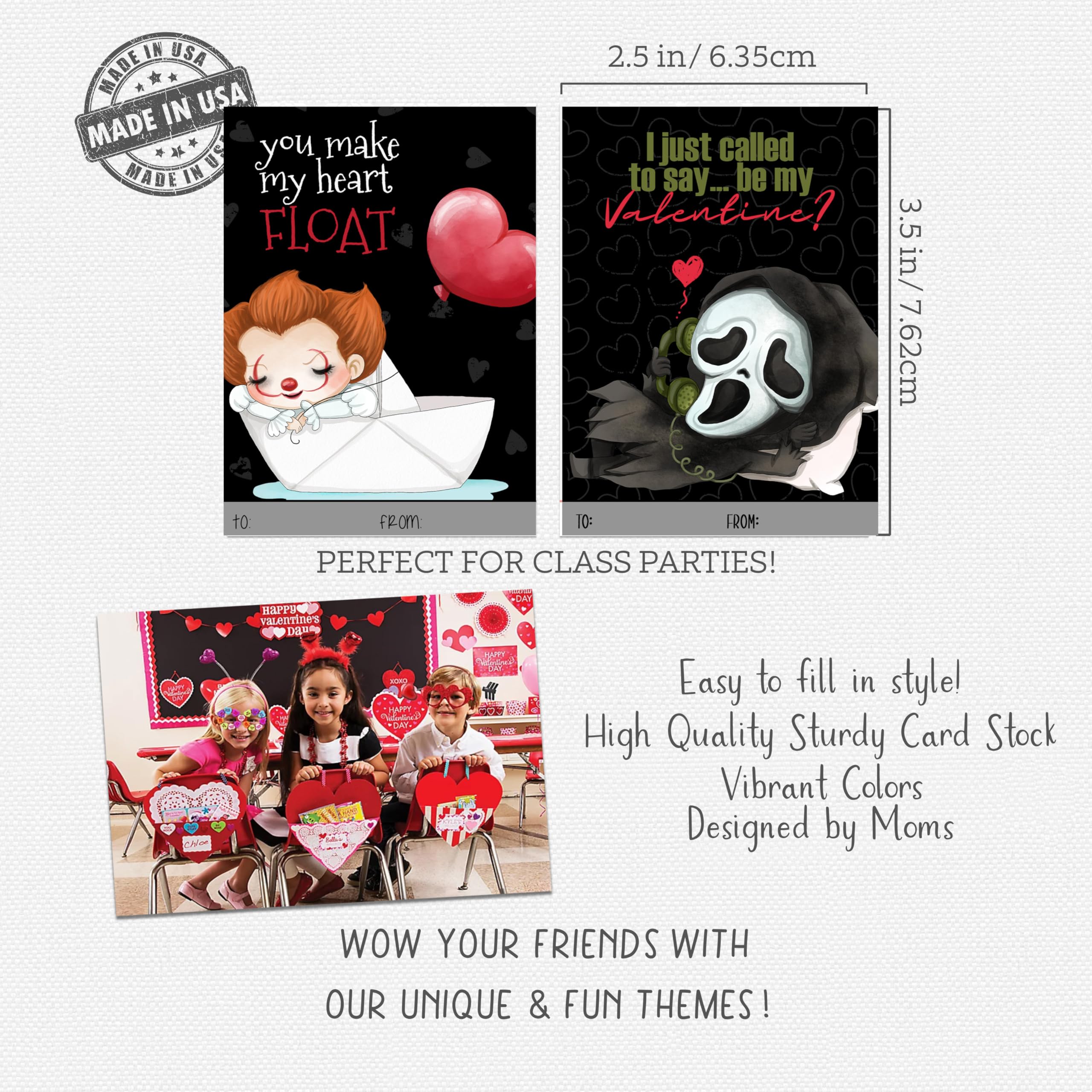 Silly Goose Gifts Classic Horror Scary Movie Character Themed Valentines Day Card School Classroom Exchange (Set of 24)