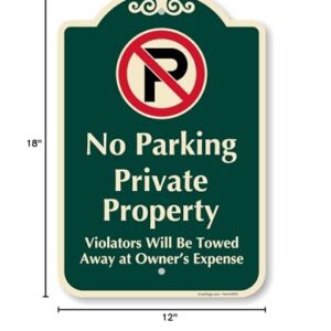 SmartSign Designer "No Parking - Private Property, Violators Will Be Towed Away" Sign, 12" x 18", 120 mil Aluminum Composite (ACM) with Overcoat, Engineer Grade Reflective, Red & Green, USA-Made