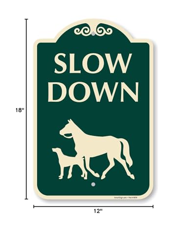 SmartSign Designer "Slow Down" Animal Crossing Sign with Horse & Dog Symbol, 12" x 18", 120 mil Aluminum Composite (ACM) with Overcoat, Engineer Grade Reflective, Green, Made in USA