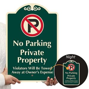 SmartSign Designer "No Parking - Private Property, Violators Will Be Towed Away" Sign, 12" x 18", 120 mil Aluminum Composite (ACM) with Overcoat, Engineer Grade Reflective, Red & Green, USA-Made