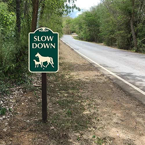 SmartSign Designer "Slow Down" Animal Crossing Sign with Horse & Dog Symbol, 12" x 18", 120 mil Aluminum Composite (ACM) with Overcoat, Engineer Grade Reflective, Green, Made in USA