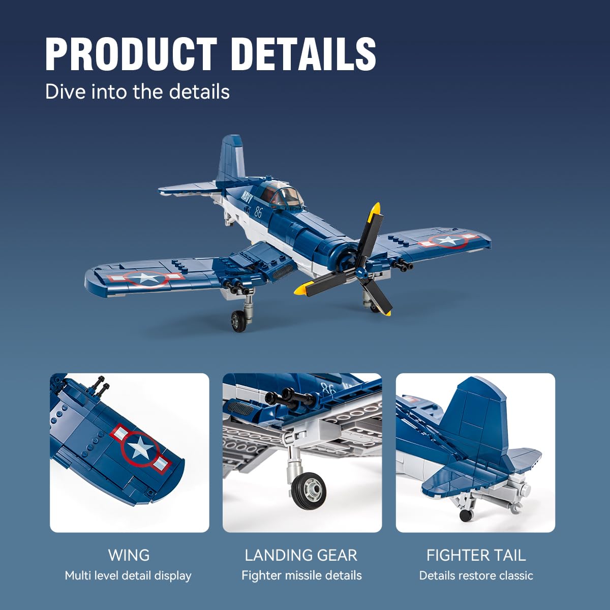 DAHONPA F4U Fighting Military Army Airplane Building Bricks Set with 1 Figure, 550 Pieces Air-Force Build Blocks Toy, Gift for Kid and Adult.