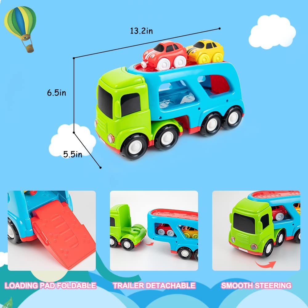 Auspint Car Toys for 1 2 3 4 5 Years Old Toddlers, Large Transport Truck and 2 Small Cartoon Magnetic Racing Cars, Transport Truck with Sounds and Lights, Best Gift for Boys and Girls