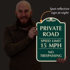 SmartSign Designer "Private Road - Speed Limit 15 MPH, No Trespassing" Sign, 12" x 18", 120 mil Aluminum Composite (ACM) with Overcoat, Engineer Grade Reflective, Green, Made in USA